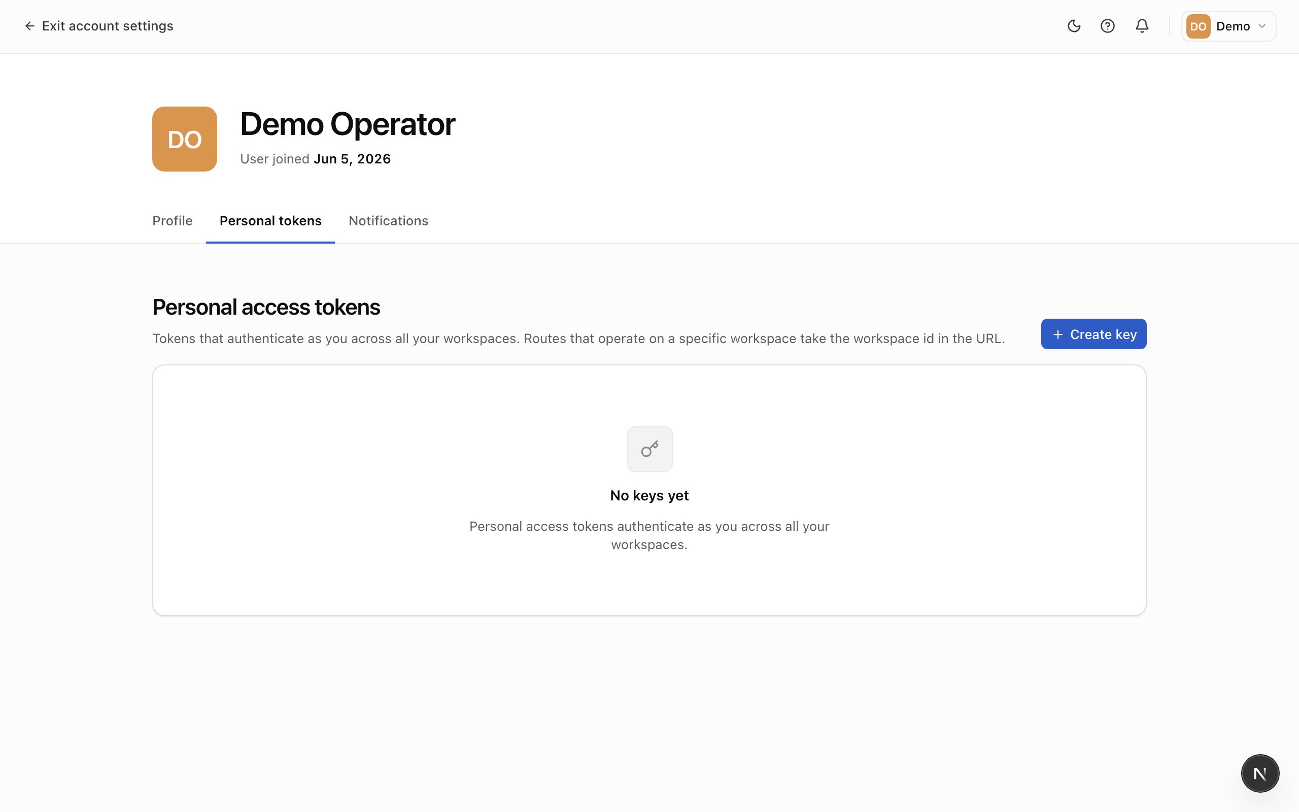 The Personal tokens page listing a personal access token with its masked value and creation date.