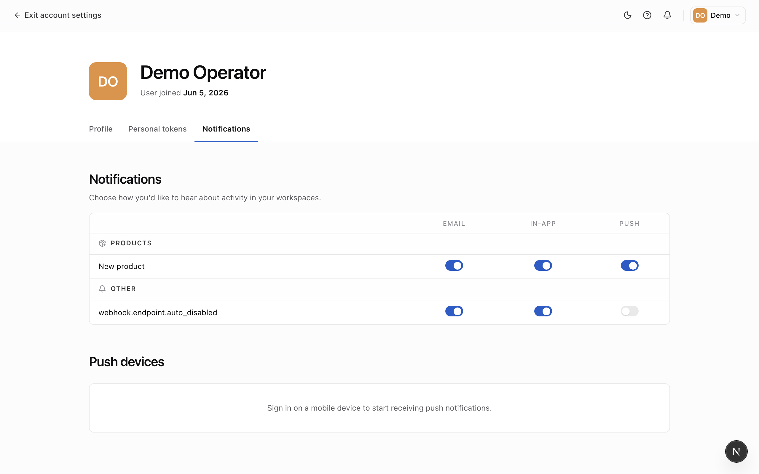 The Notifications preferences page, with a grid of notification types and channel toggles for each workspace.