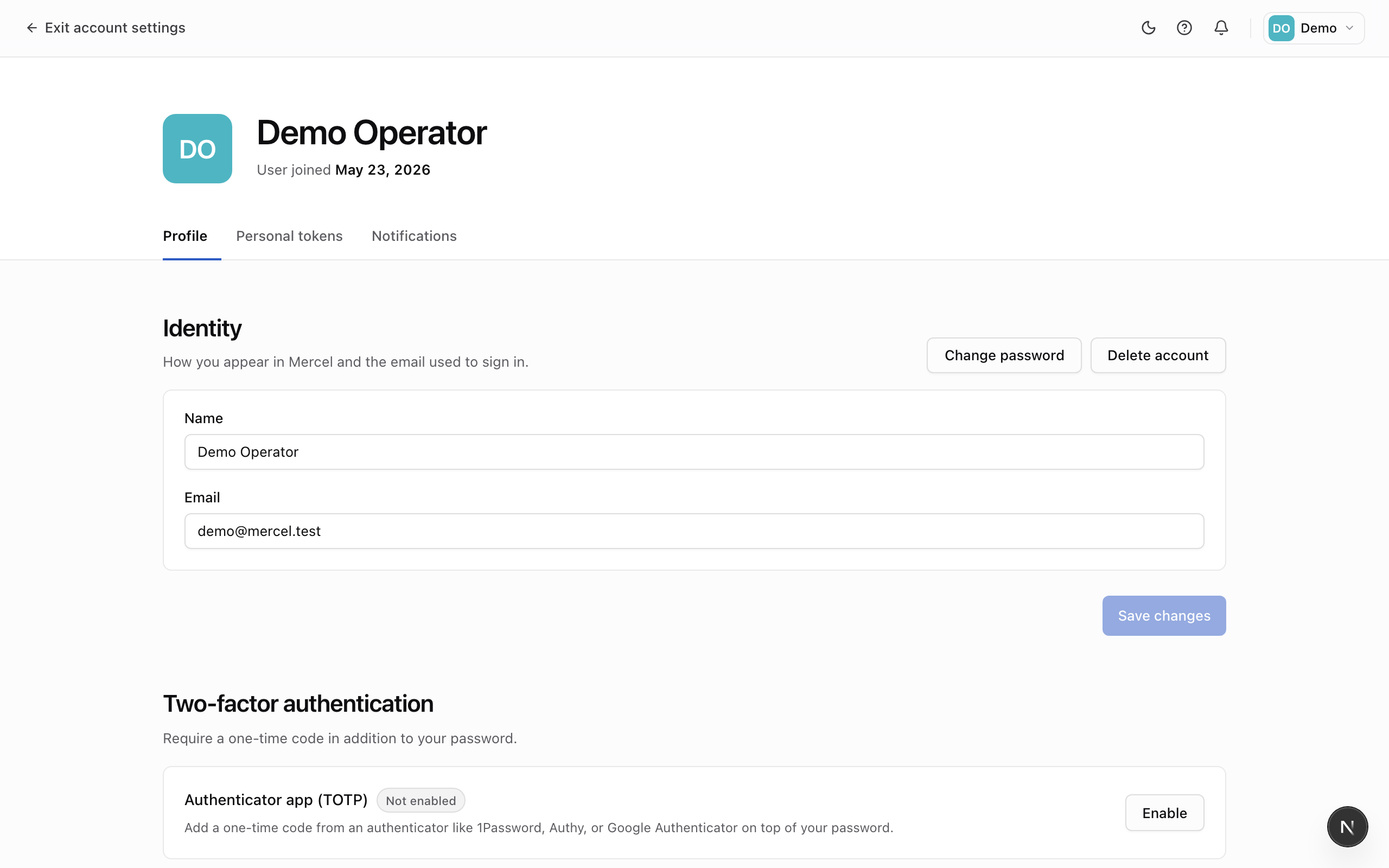 The Account Profile page, showing the identity card with name and email, two-factor authentication card, passkeys card, and the active sessions list.