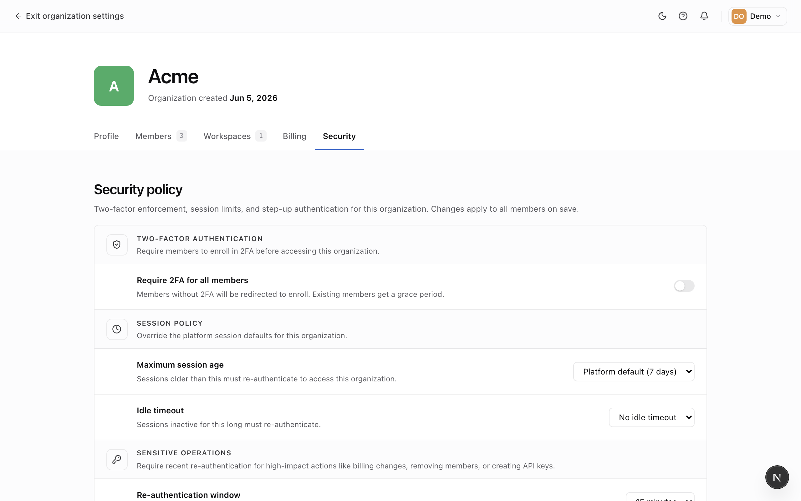 The organization Security page, with a toggle to require two-factor authentication, a grace period field, and session lifetime settings.