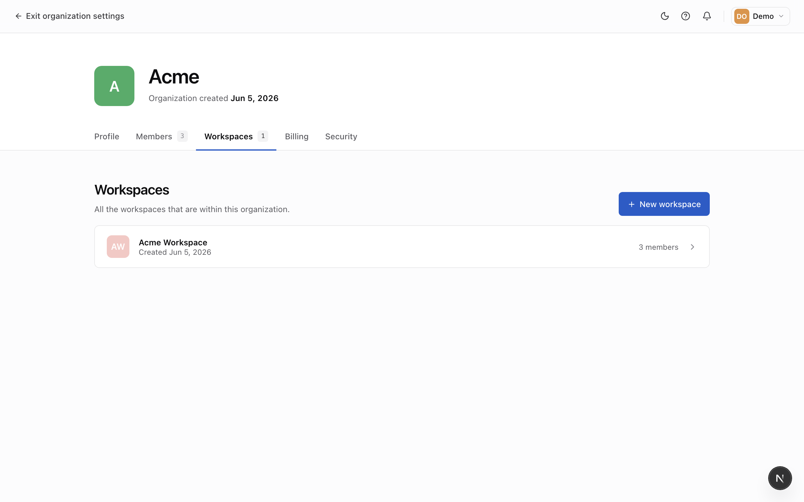 The organization Workspaces page, listing each workspace with its member count and creation date, and a button to create a new workspace.