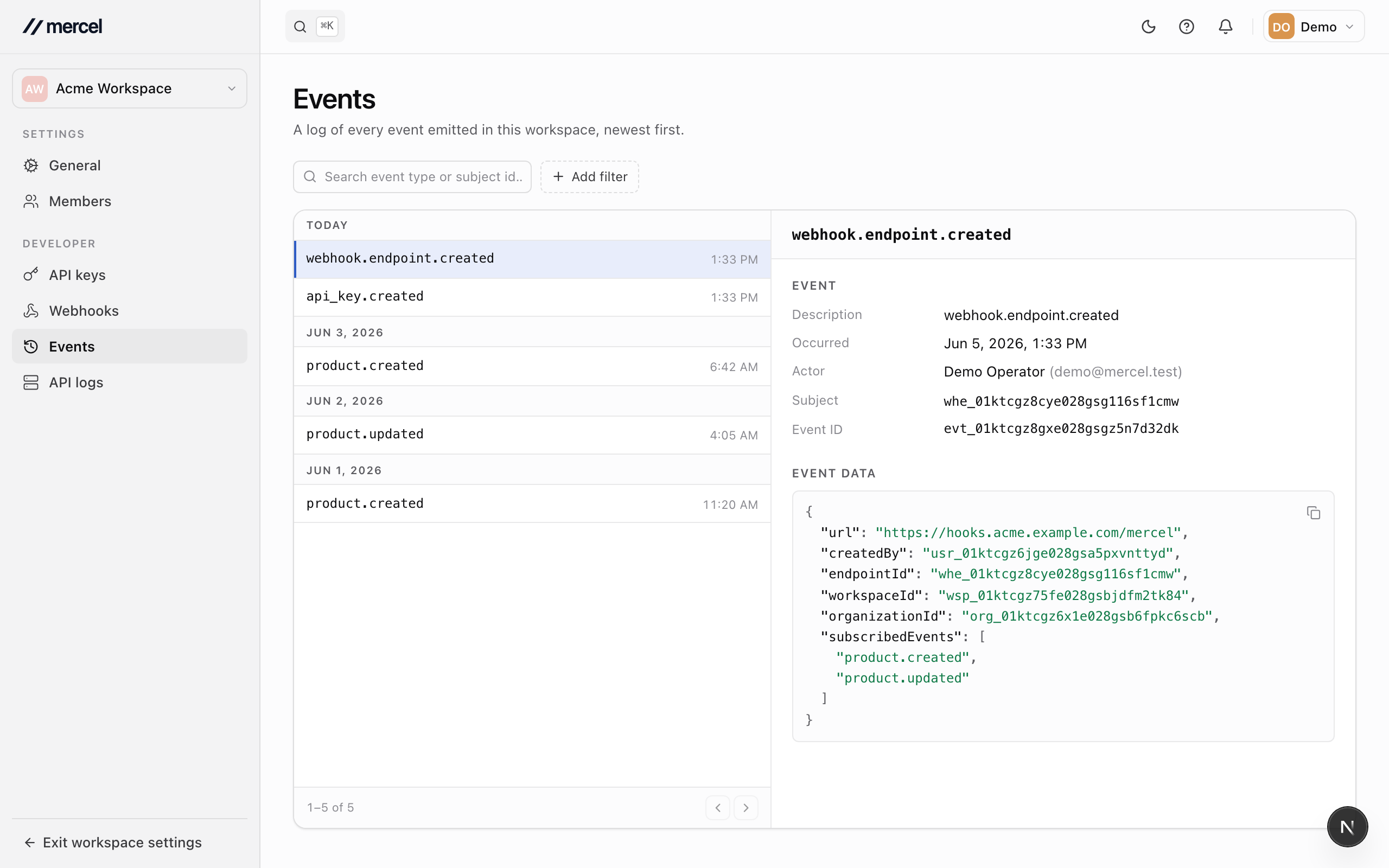 The workspace events page, a chronological log of events with filters for date, actor, and type.