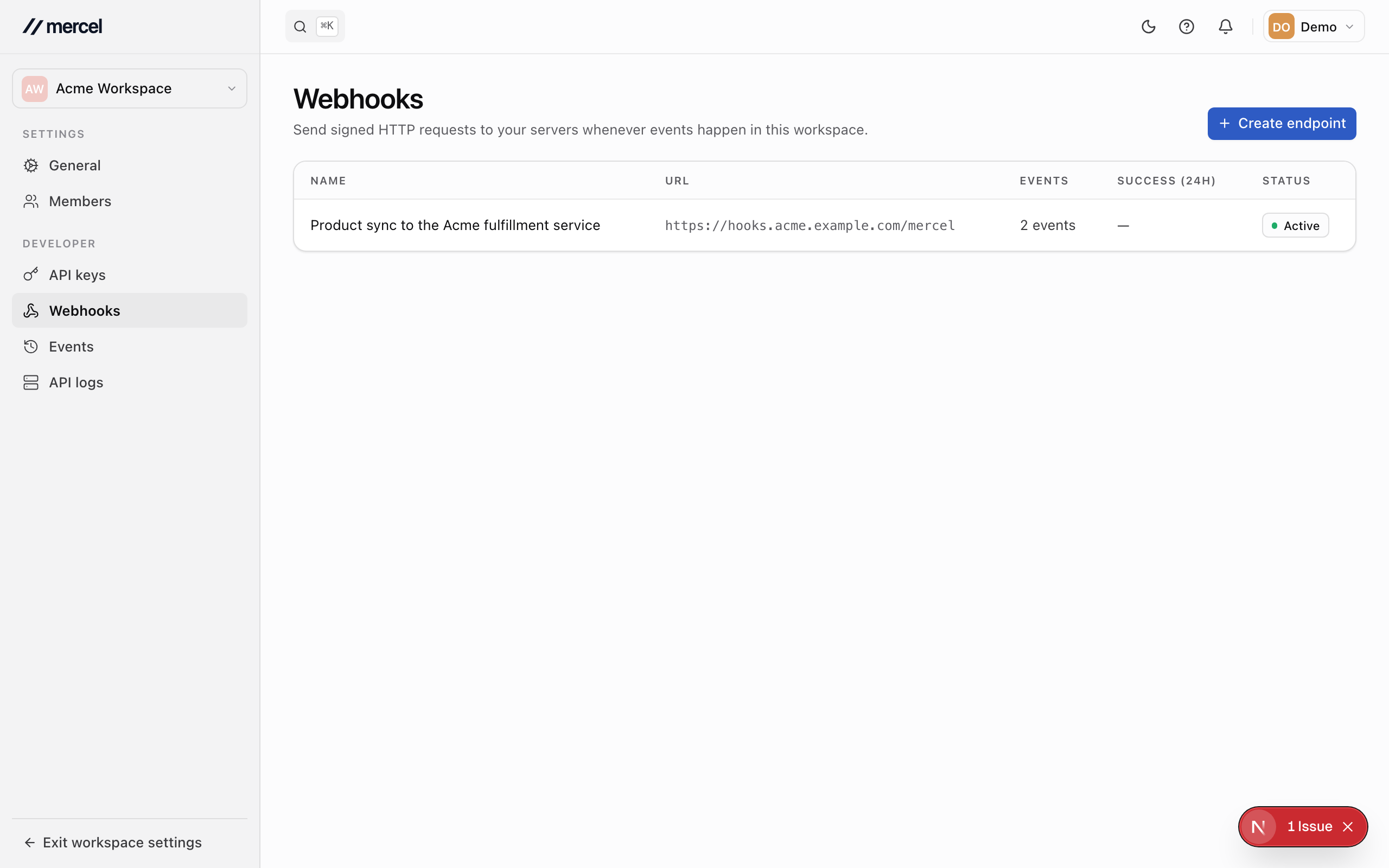 The webhooks page, listing an endpoint with its URL, subscribed events, and recent delivery health.