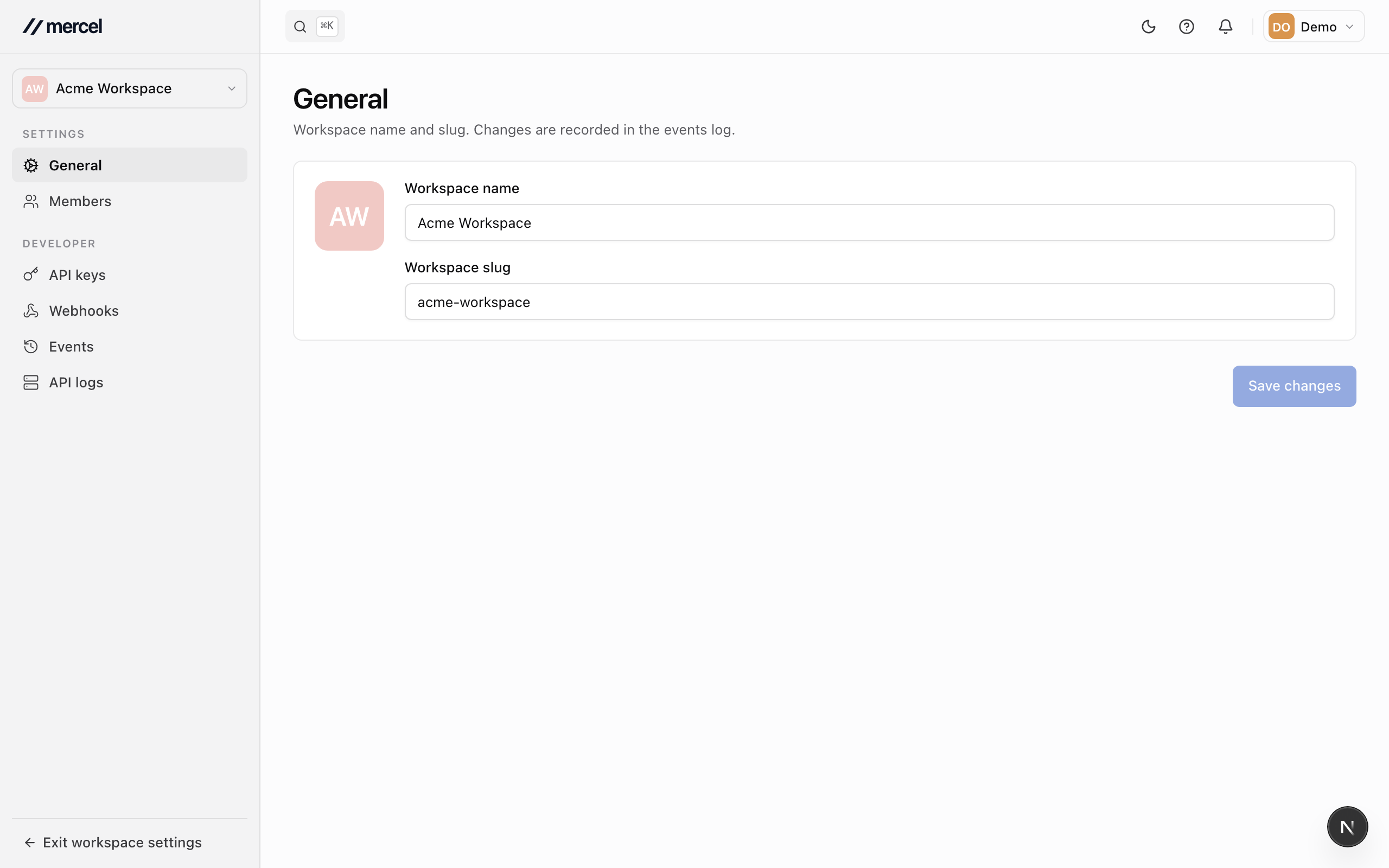 A workspace's General settings page, with fields for the workspace name and identifier and an image uploader for the logo.