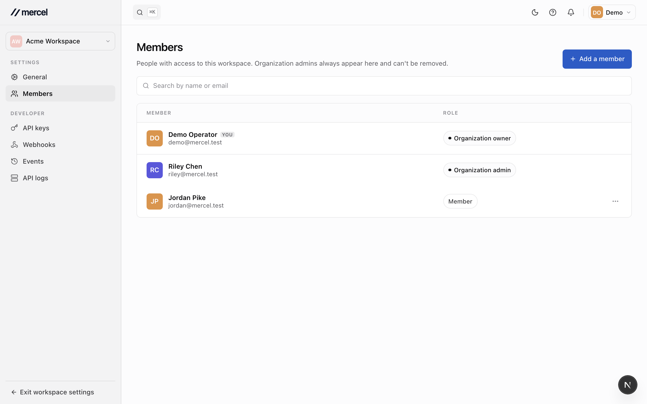 A workspace's Members page, listing each member with their workspace role and controls to add a member or change a role.